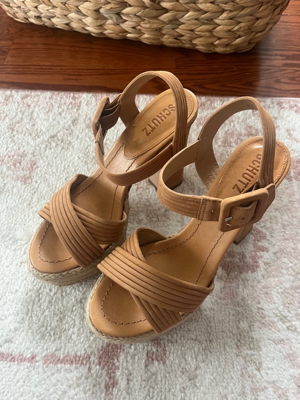 SCHUTZ Tan Woven Espadrille Blisse Platform Wedge Sandals - Picture 2 of 4